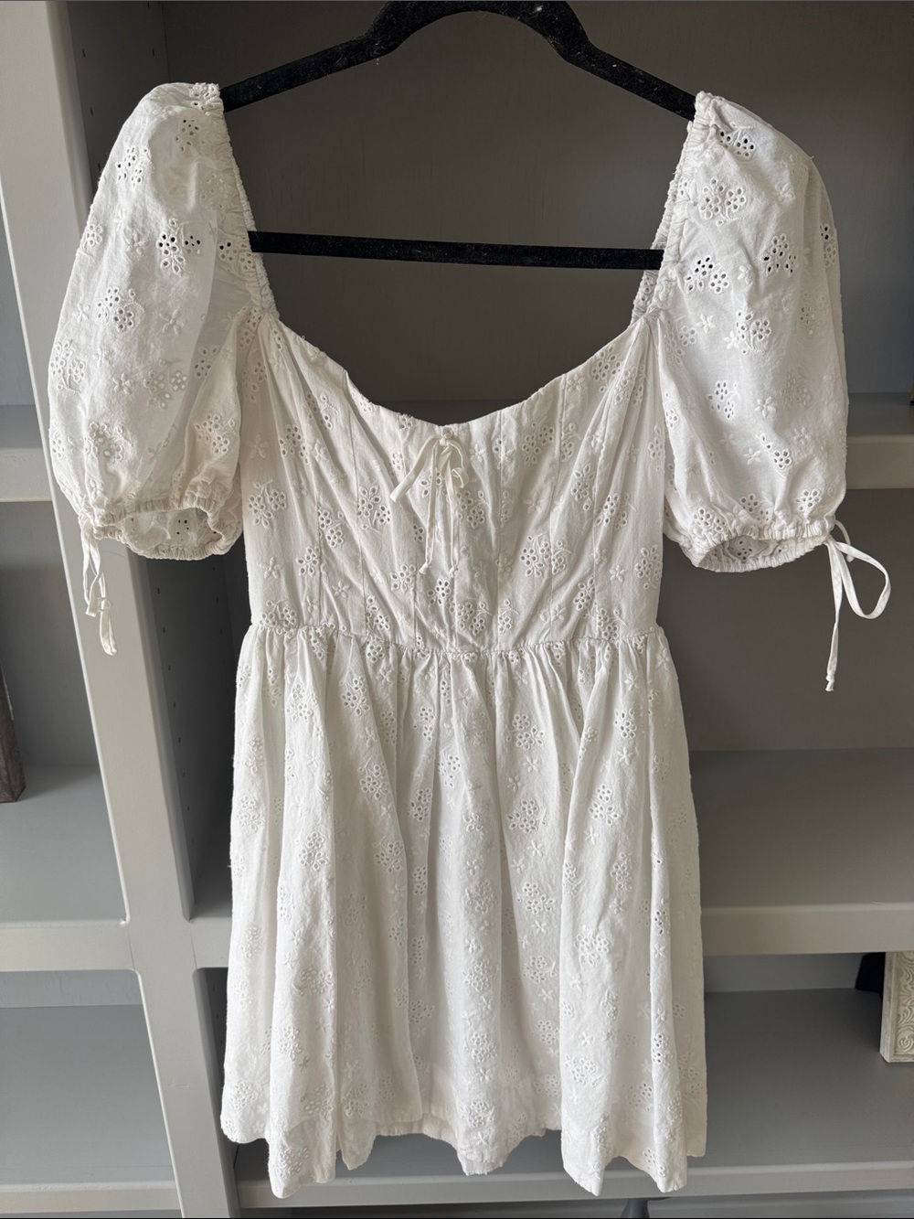 For Love And Lemons White Cotton Eyelet Puff Sleeve Mini Dress